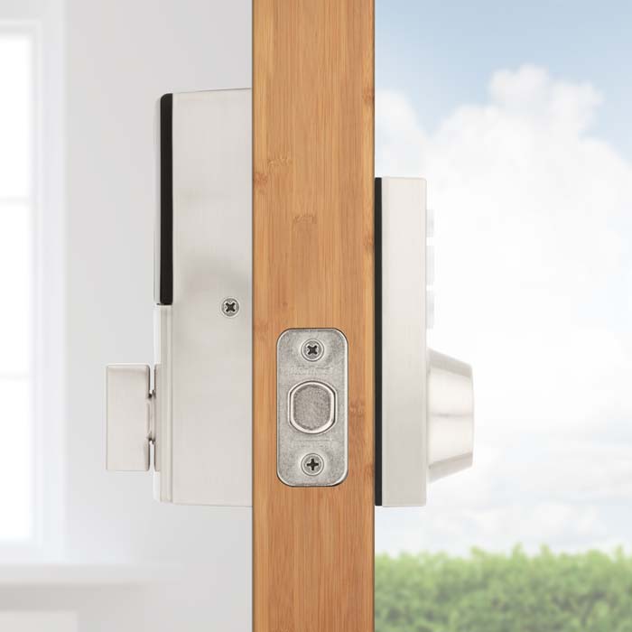 Kwikset smart lock on wood door