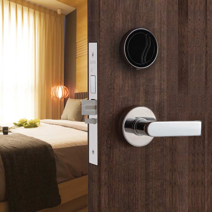 Saflok Quantum RFID on wood exterior with Troy lever